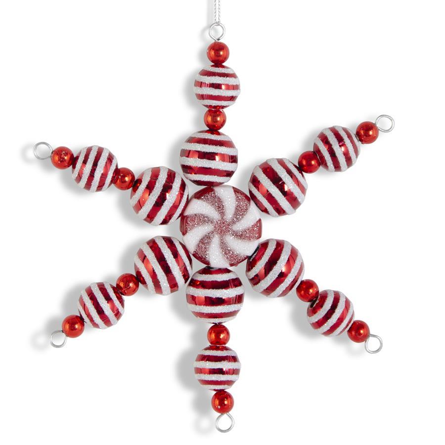 Red and White Glitter Ball Snowflake Ornament with Peppermint - 6.75"