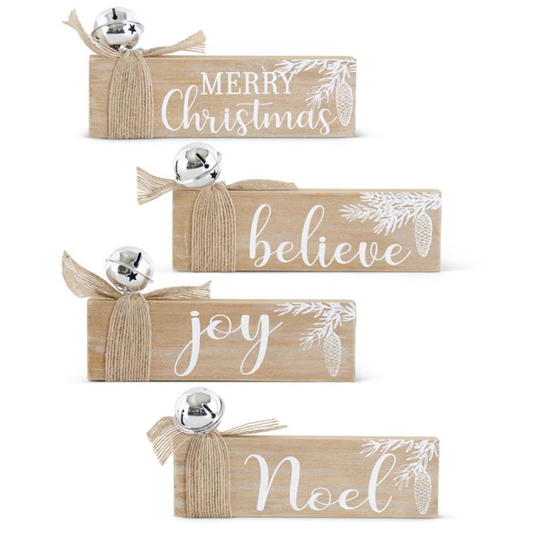 Wood Christmas Tabletop Signs with Bell & Burlap Bow - 6", Assorted Styles