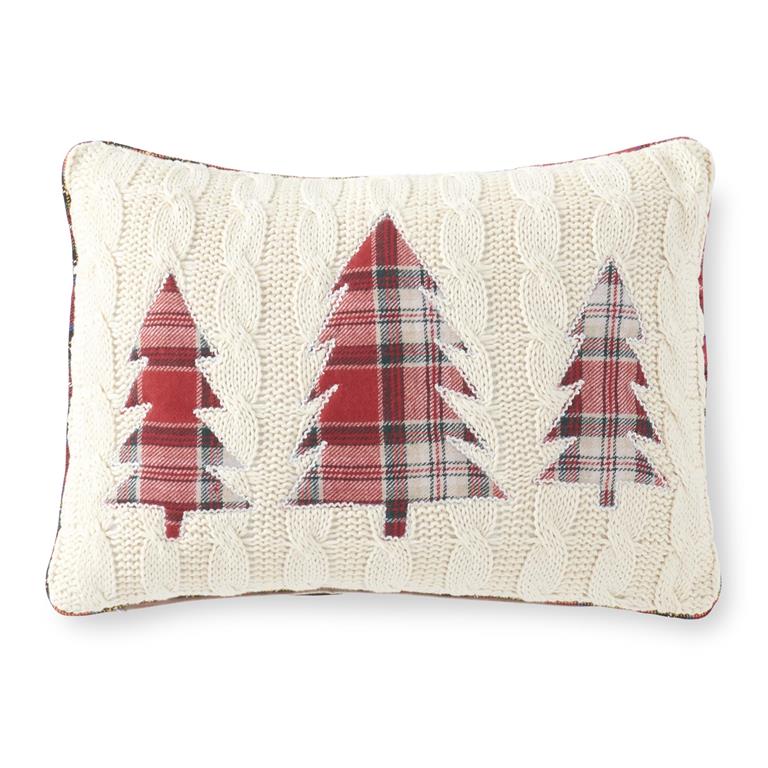 Cream Cable Knit Pillow with 3 Plaid Trees and Piping - 14"