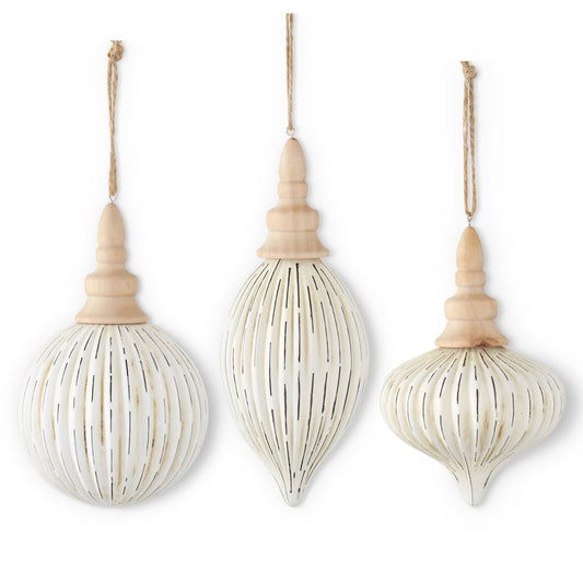 White Distressed Finish Glass Ornaments with Wood Top - 3 Assorted Styles