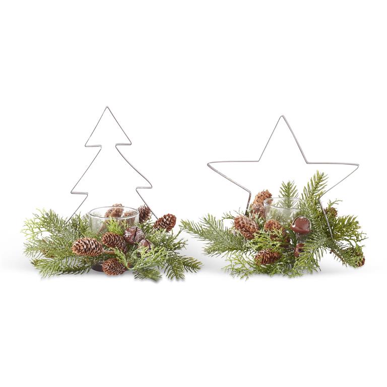 Glittered Pine and Metal Tree/Star Candleholder - 2 Asst Styles