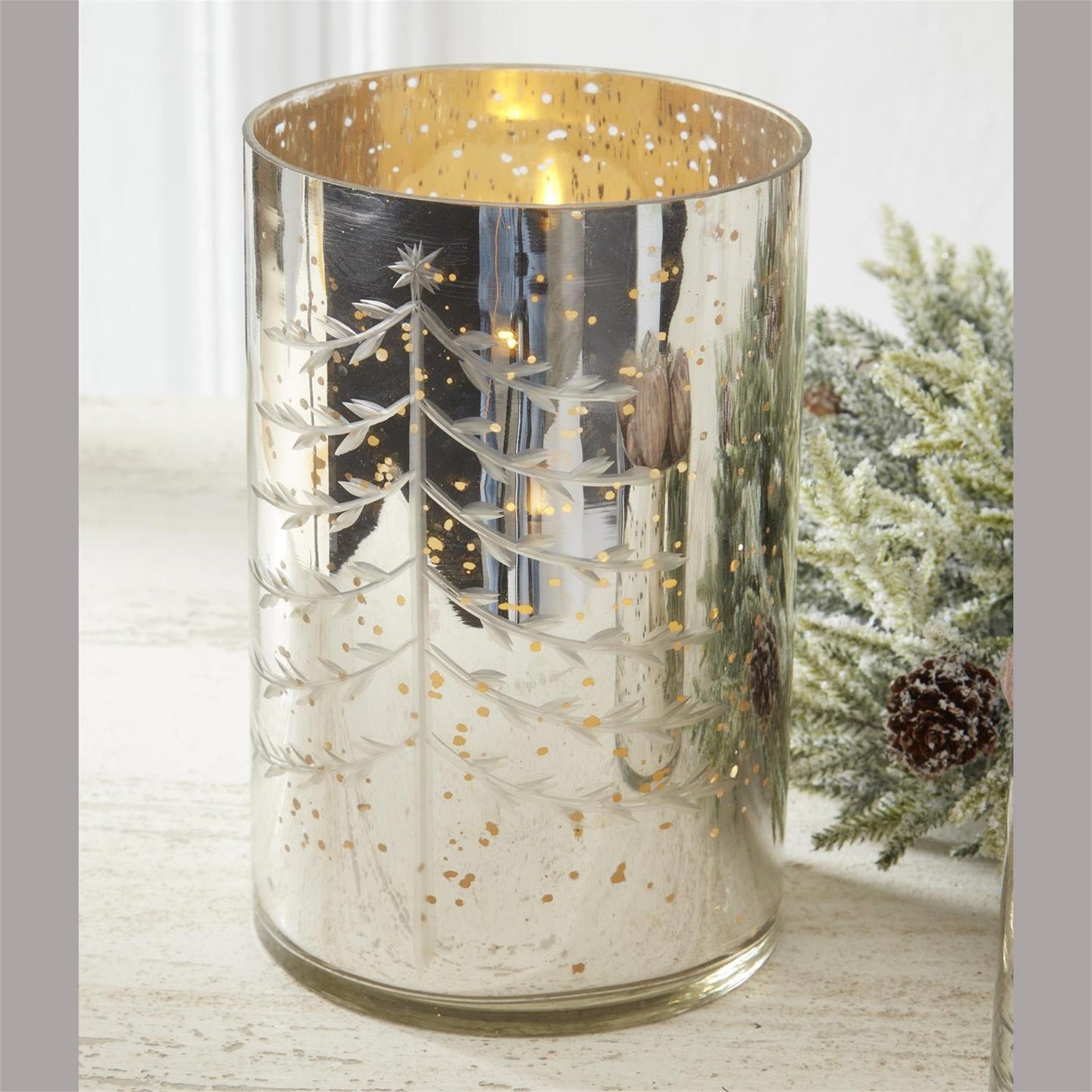 Silver Mercury Glass Candleholder with Christmas Trees - 7.75"