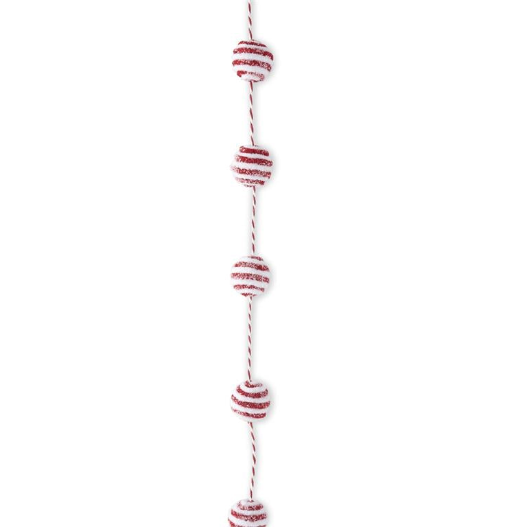 Glittered Snowy Red and White Yarn Striped Ball Garland - 60"