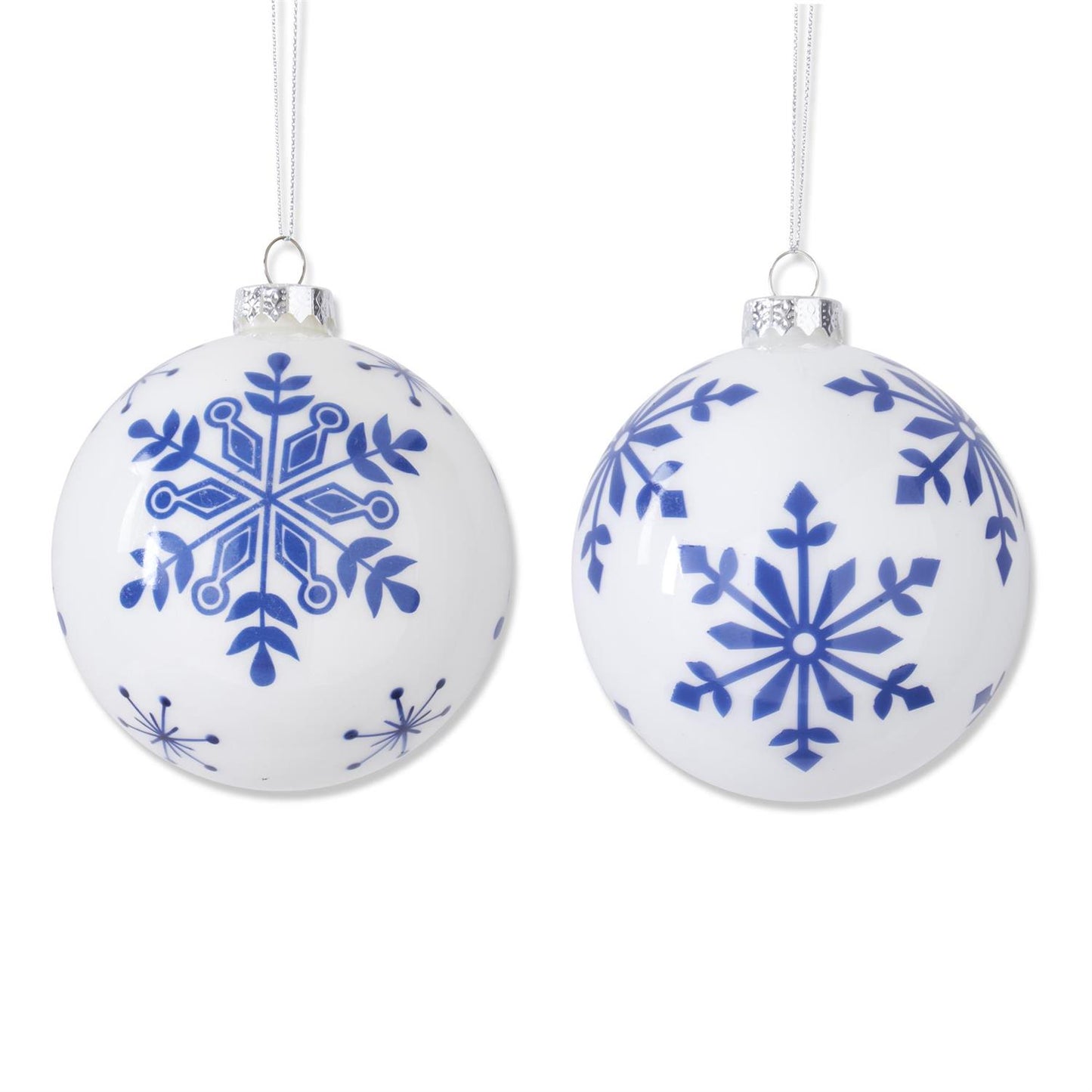 White With Blue Snowflakes Glass Round Ornaments - 4.25", Assorted styles