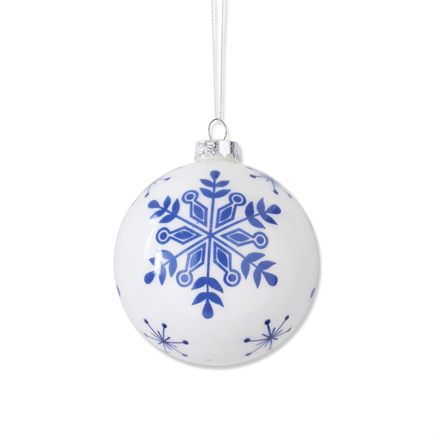 White With Blue Snowflakes Glass Round Ornaments - 4.25", Assorted styles