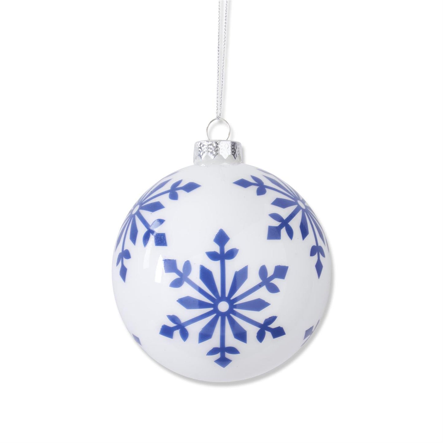 White With Blue Snowflakes Glass Round Ornaments - 4.25", Assorted styles