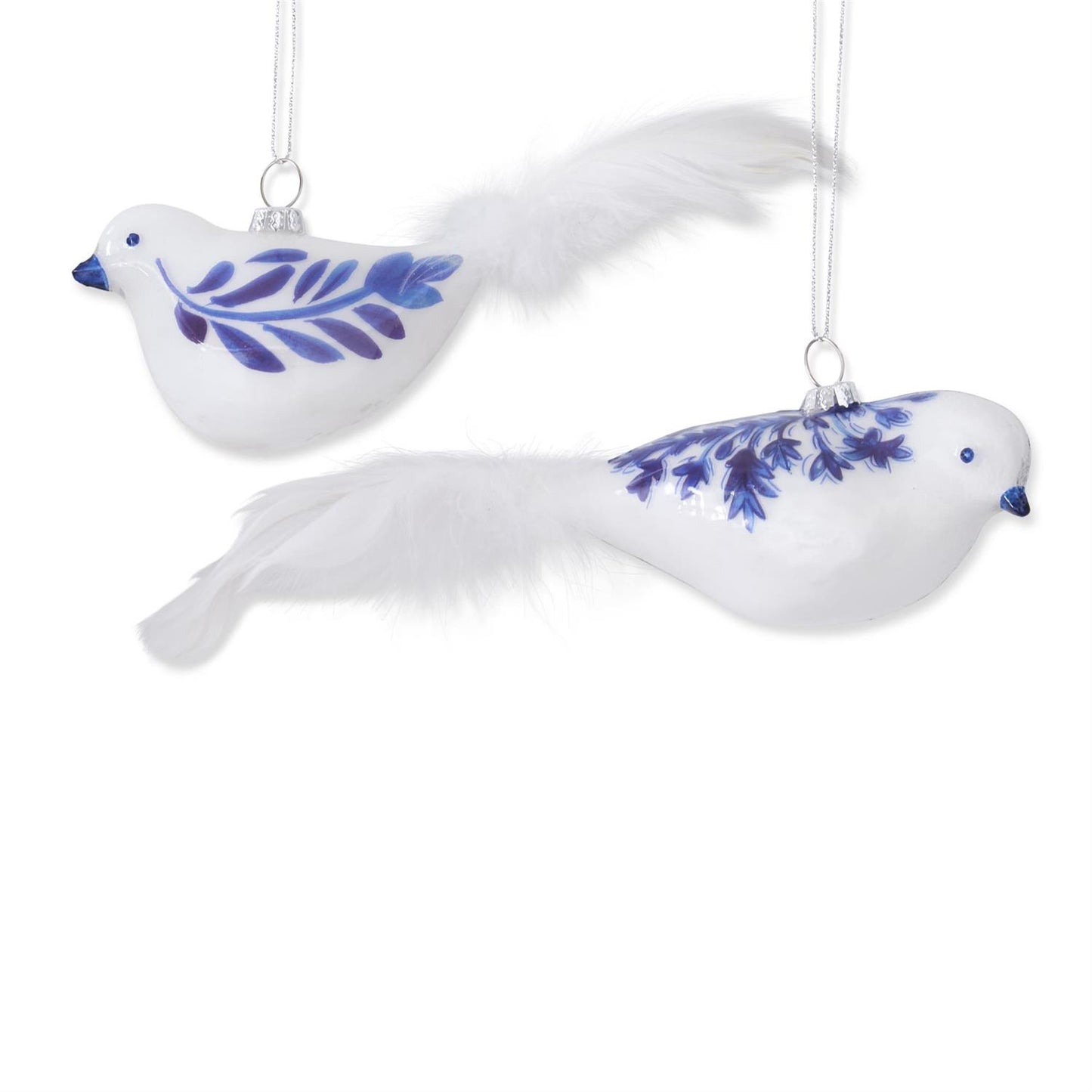 Blue & White Glass Bird Ornaments w/Feather Tails - 2 Styles