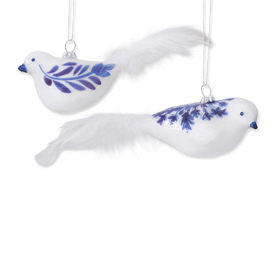 Blue & White Glass Bird Ornaments w/Feather Tails - 2 Styles