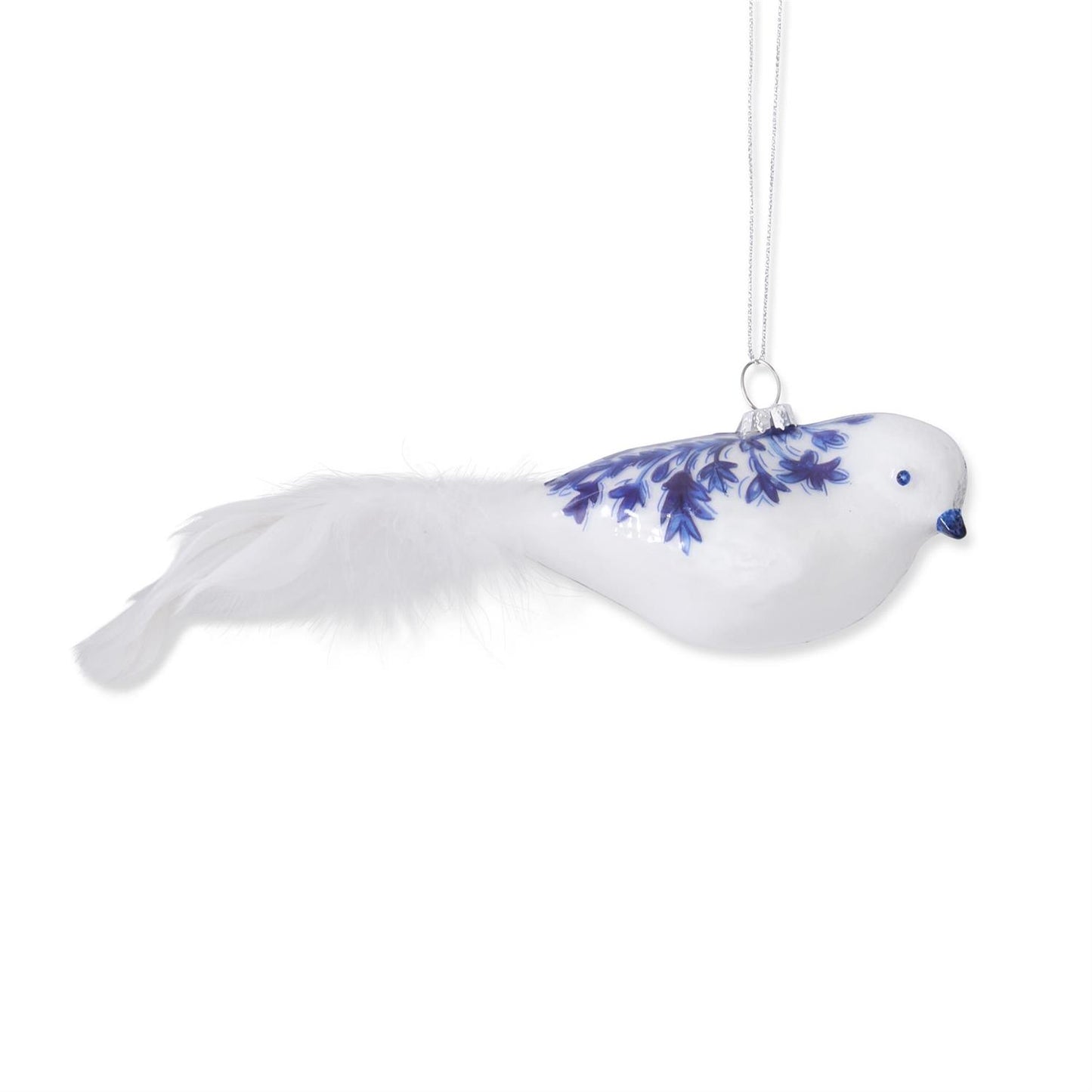 Blue & White Glass Bird Ornaments w/Feather Tails - 2 Styles