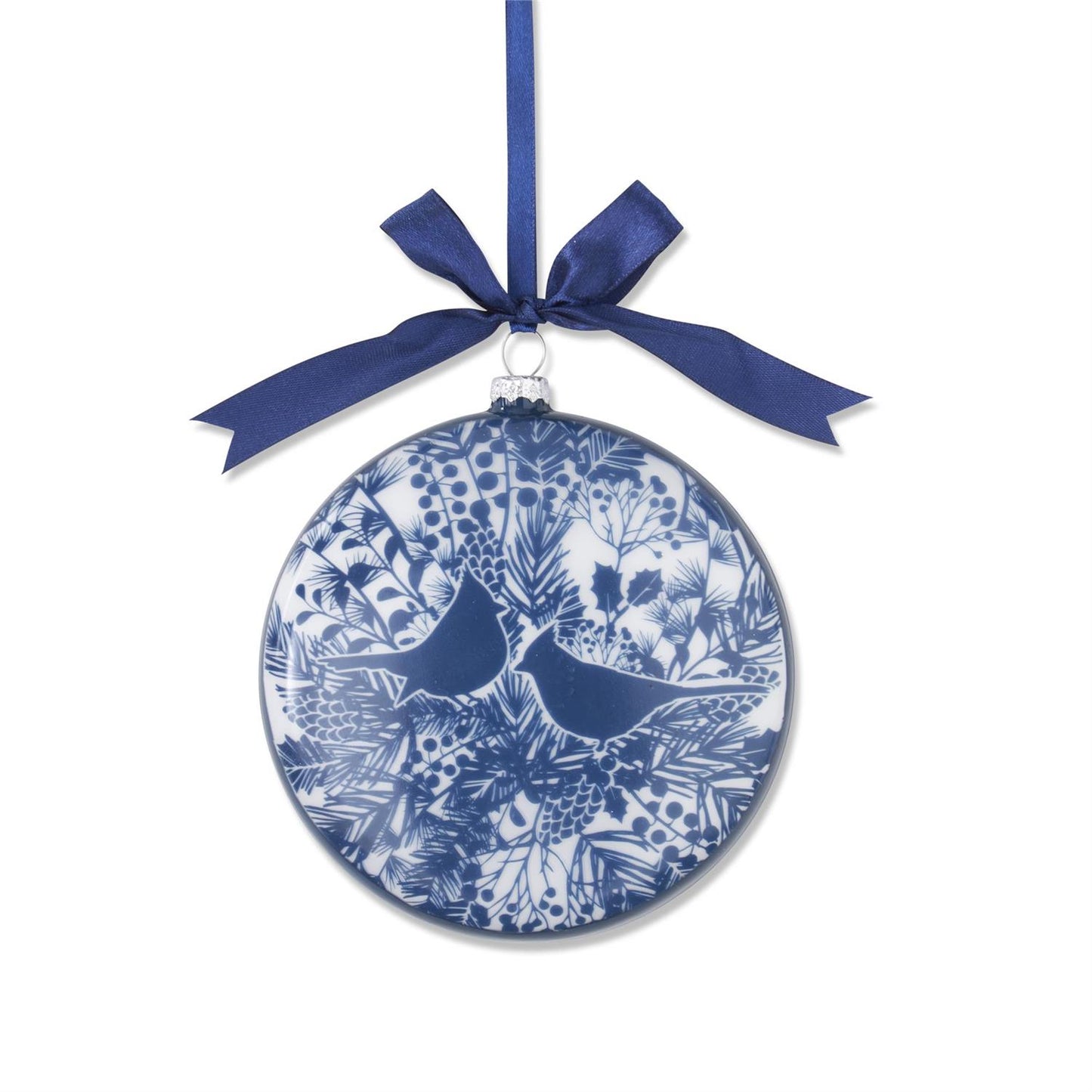 Blue & White Floral Print W/Birds Flat Round Glass Ornament - 5"