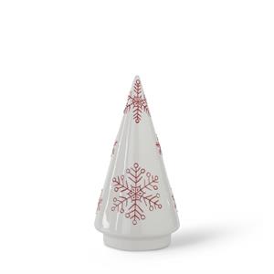 White Ceramic Cone Tree with Red Snowflakes - 9"