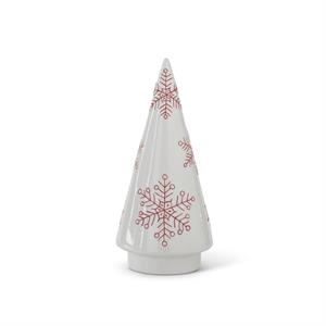 White Ceramic Cone Tree with Red Snowflakes - 11.25"