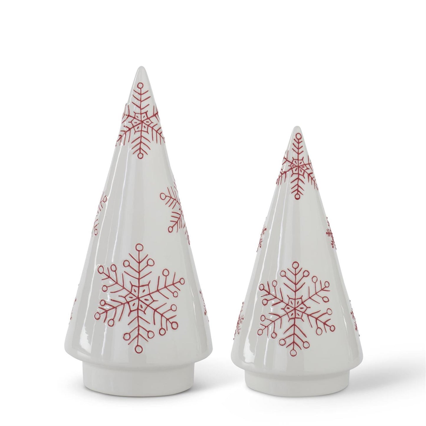 White Ceramic Cone Tree with Red Snowflakes - 9"