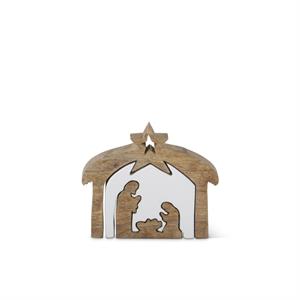 Mango Wood Nativity W/White Enameled Center Cutouts - 5.5"