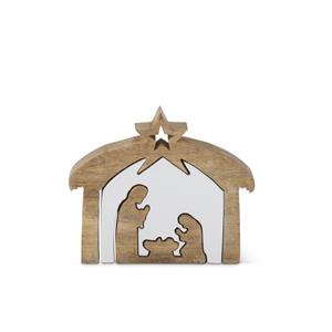 Mango Wood Nativity with White Enameled Center Cutouts - 7"