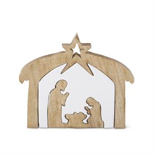 Mango Wood Nativity with White Enameled Center Cutouts - 9.25"