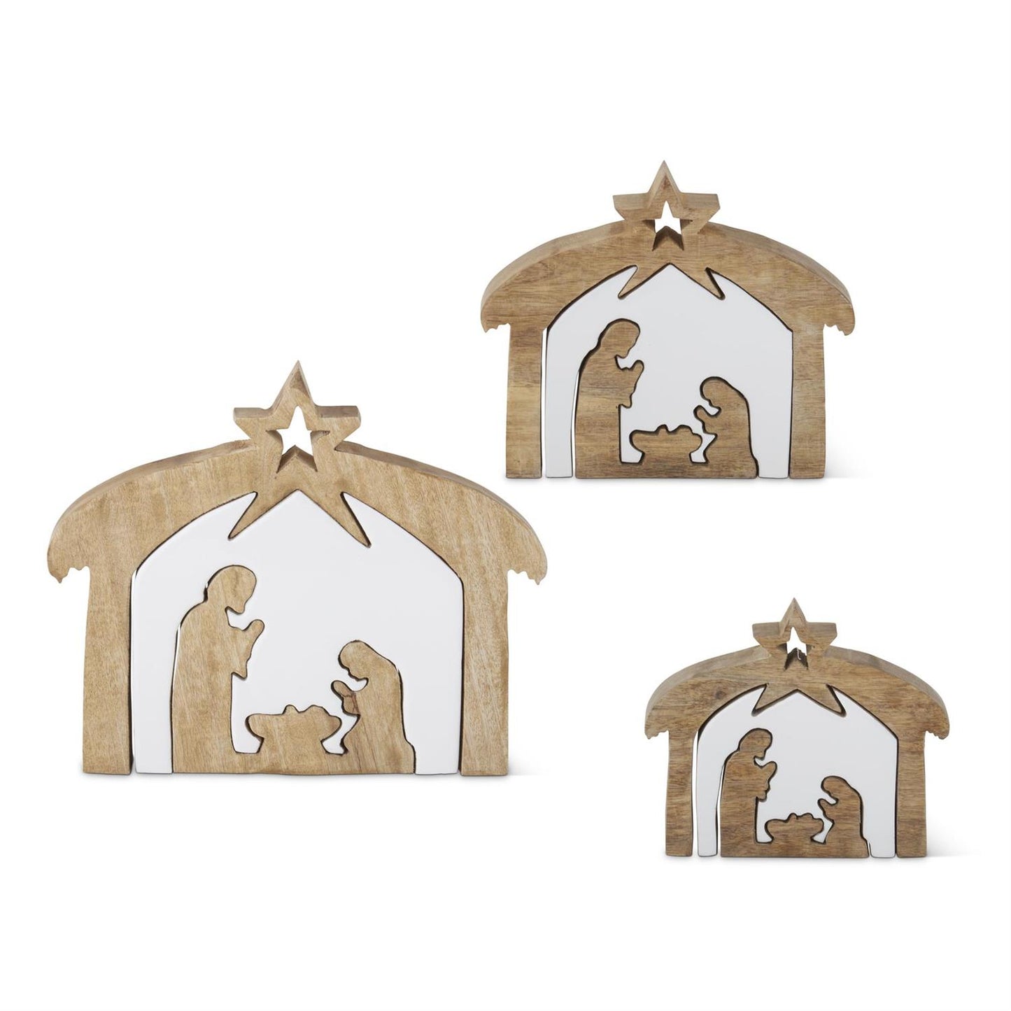 Mango Wood Nativity with White Enameled Center Cutouts - 9.25"