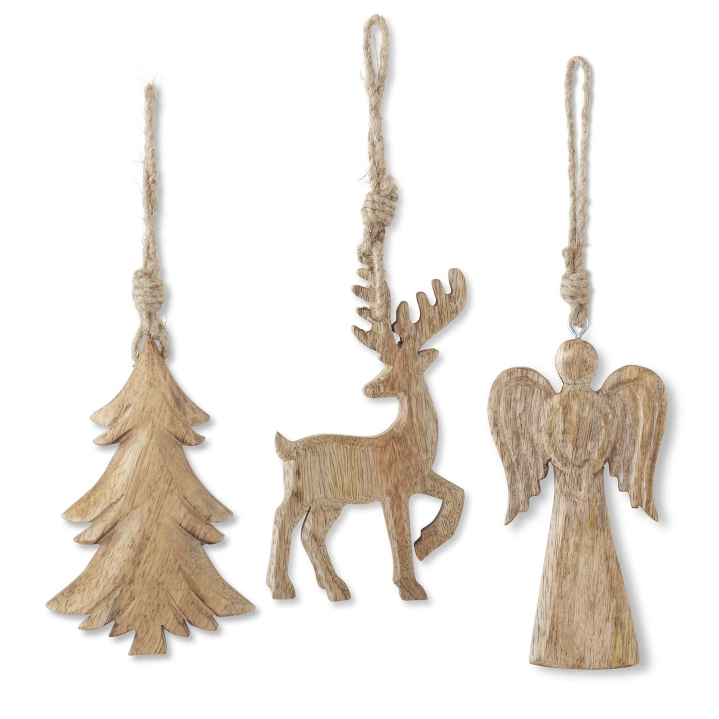Mango Wood Holiday Ornament w/Jute Hanger - 3 Assorted Styles