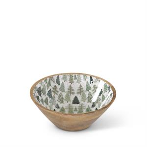 Wood Bowl With Christmas Trees and Enameled Interior - 9.75"