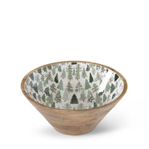 Wood Mango Bowl with Christmas Trees Enameled Interior - 12"