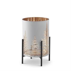 White Glass Candleholder On Metal Stand W/Tree Cutout and Rose Gold