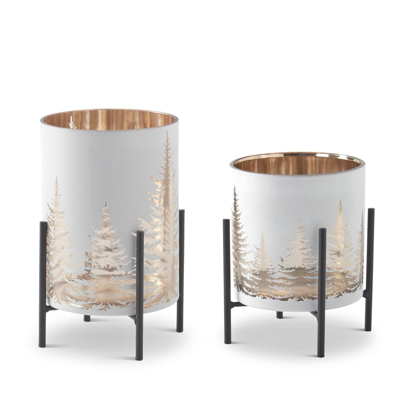 White Glass Candleholder On Metal Stand W/Tree Cutout and Rose Gold