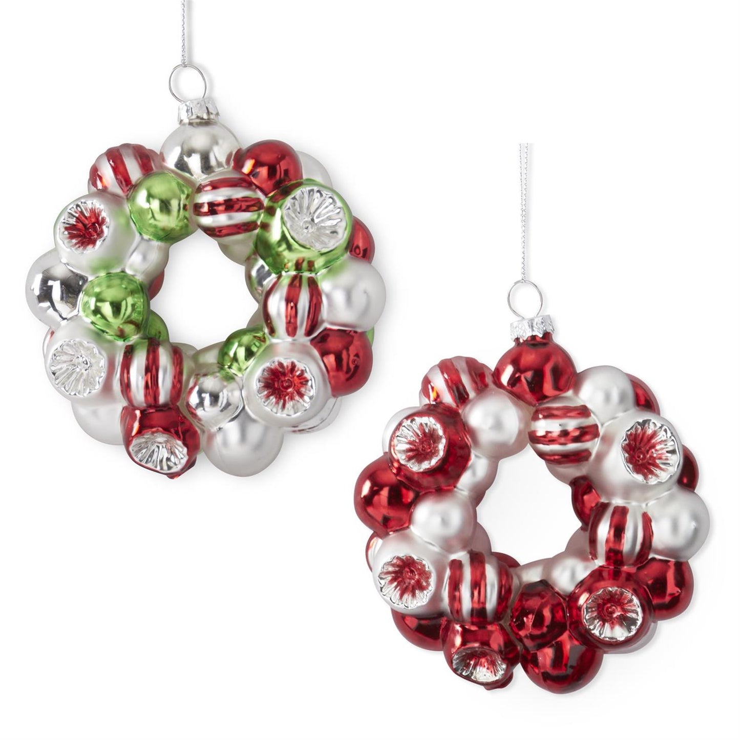 Glass Wreath Ornament - Red, Silver, and Green, 4.75"