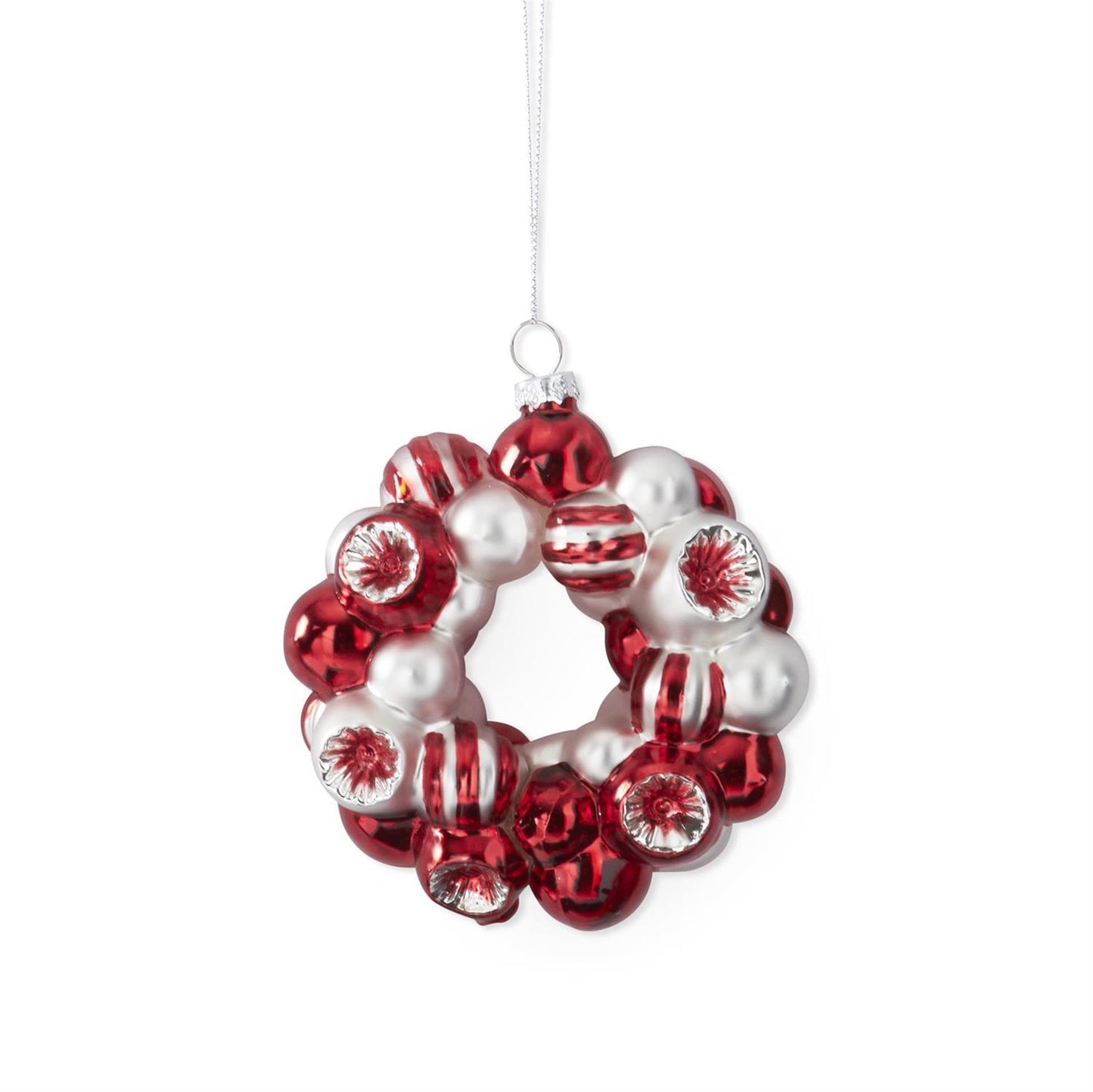 Glass Wreath Ornament - Red, Silver, and Green, 4.75"