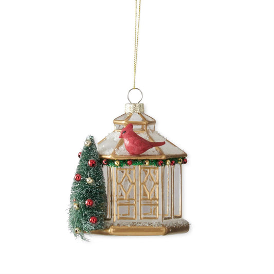 Glass Gazebo W/Bottle Brush Tree & Bird Ornament - 4"