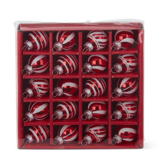 Box of 20 Mini Red and White Striped Glass Ornaments - 1"