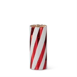 Red & White Swirl Striped LED Cylinder Lantern W/Timer- 8"