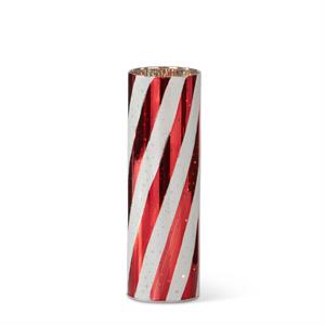 Red & White Swirl Striped LED Cylinder Lantern with Timer - 10"