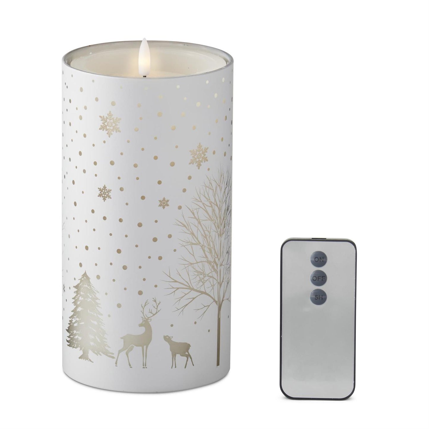 White Glass Winter Scene Candle Slip Cover W/LED Candle W/Timer