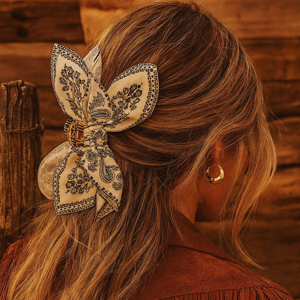 Western Paisley Claw Clip Hair Bow Bandana Print: Tan