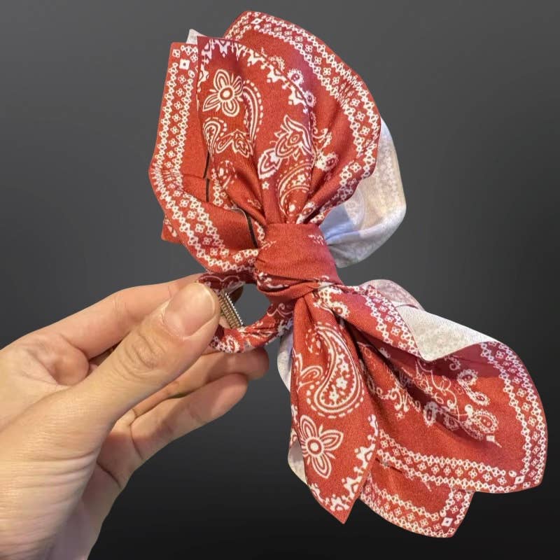 Western Paisley Claw Clip Hair Bow Bandana Print: Tan