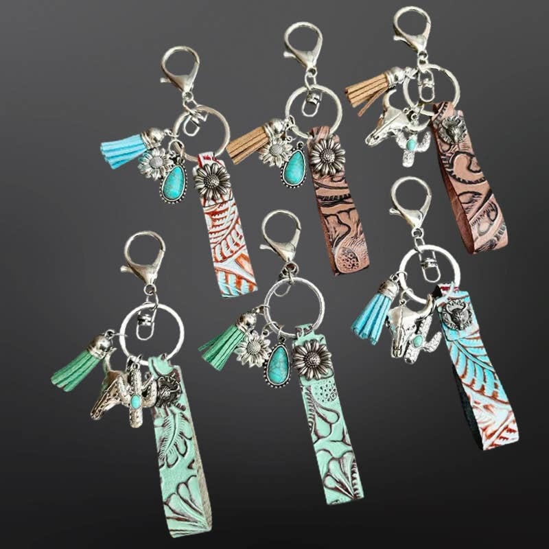 Faux Embossed Leather Western Keychain with Charms: Brown Sunflower