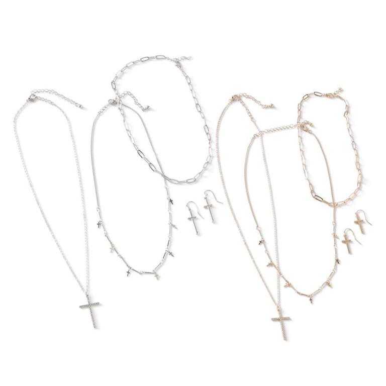 Three Strand Cross Necklace Set with Earrings