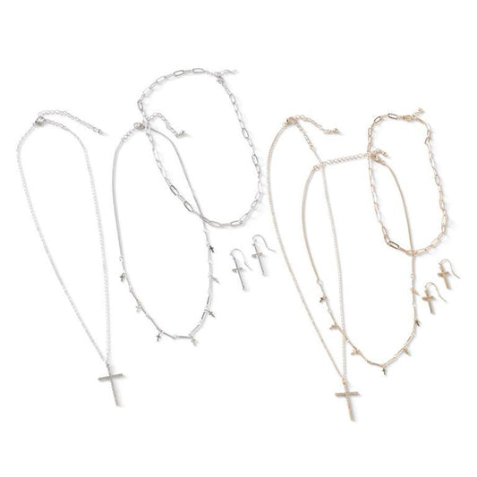 Three Strand Cross Necklace Set with Earrings