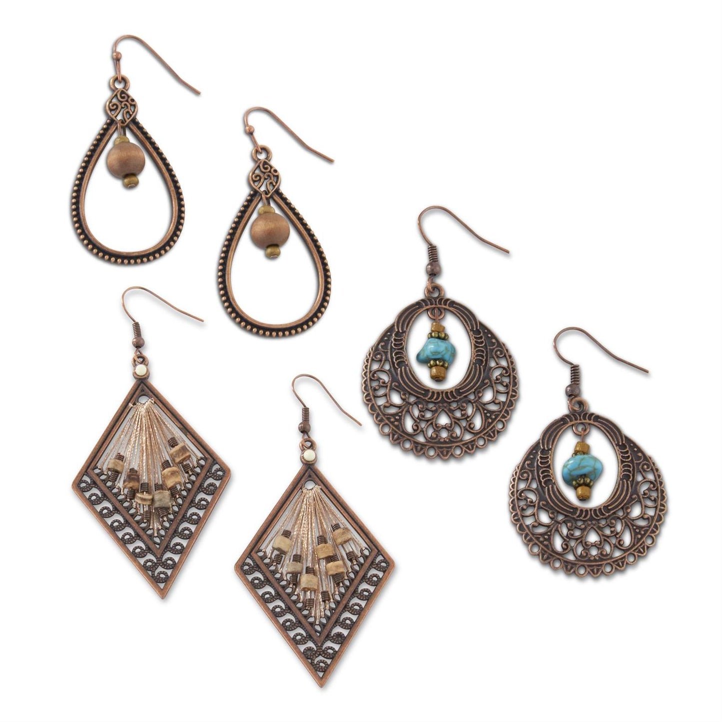 Assorted Brown Metal and Stone Earrings - 3 Styles
