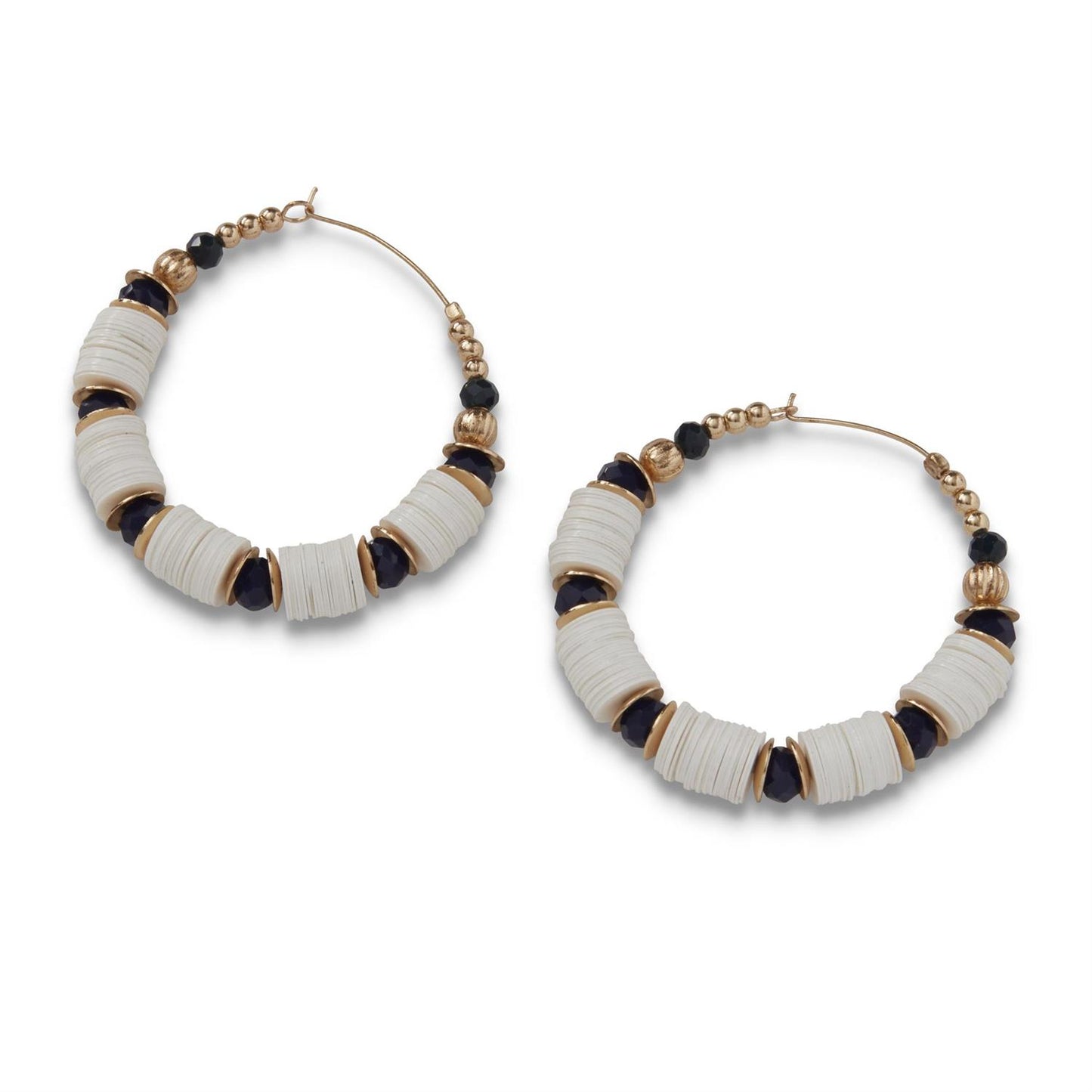 Black and Ivory Beaded Hoop Earrings