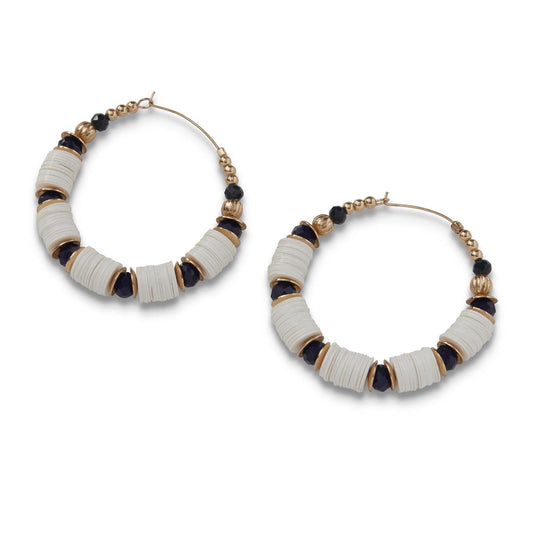 Black and Ivory Beaded Hoop Earrings