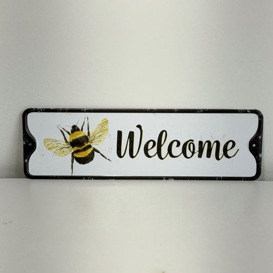 Distressed Metal Bumble Bee Welcome Sign, 3.25" x 10.75"