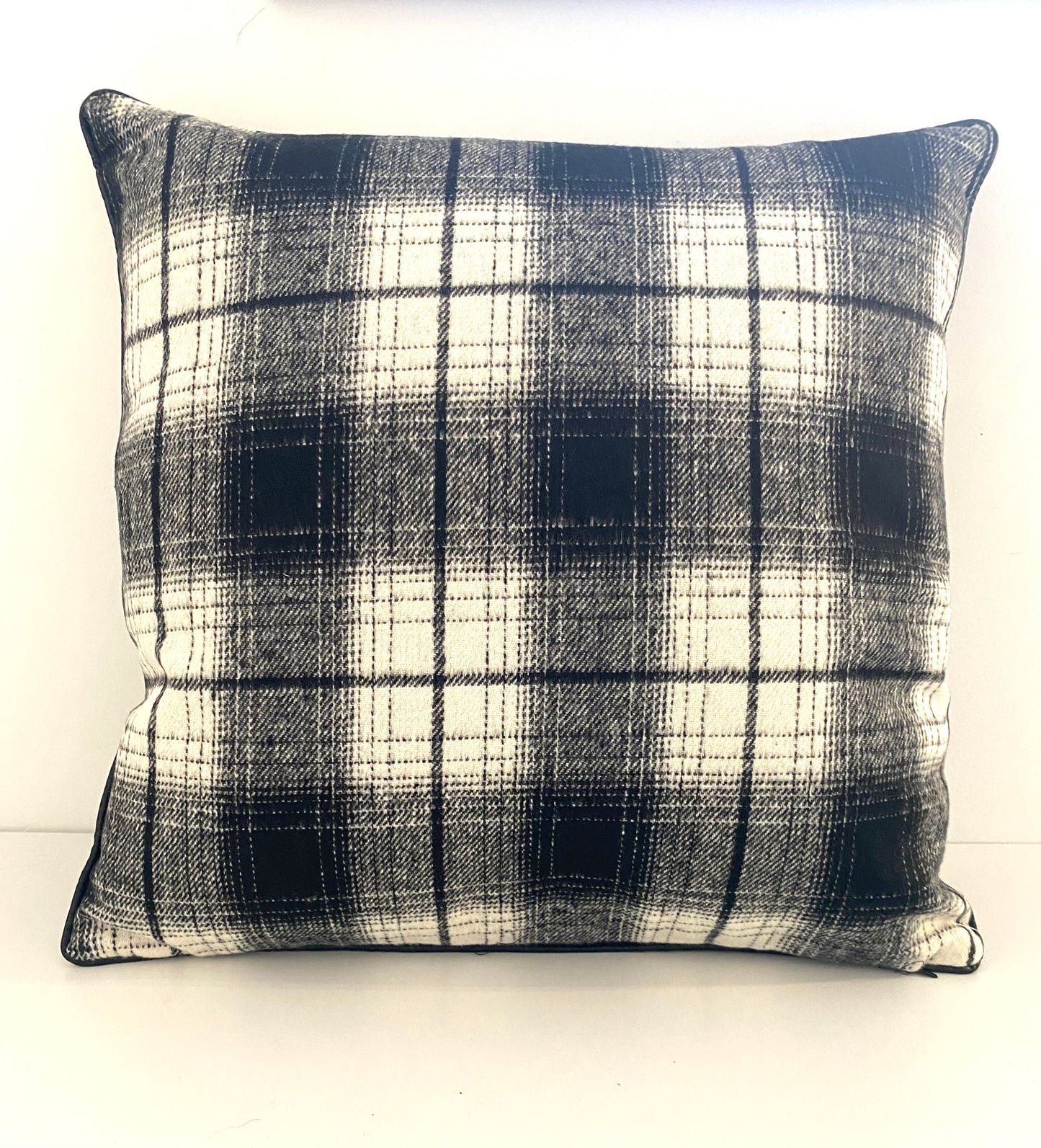 Black and Cream Plaid Square Pillow W/Leather Piping - 18"