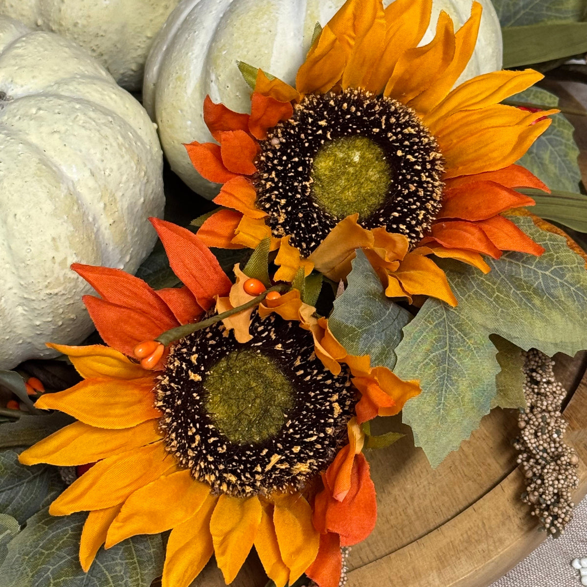 Orange Sunflower Candle Ring w/Mini Pumpkins and Berry Spikes - 15"