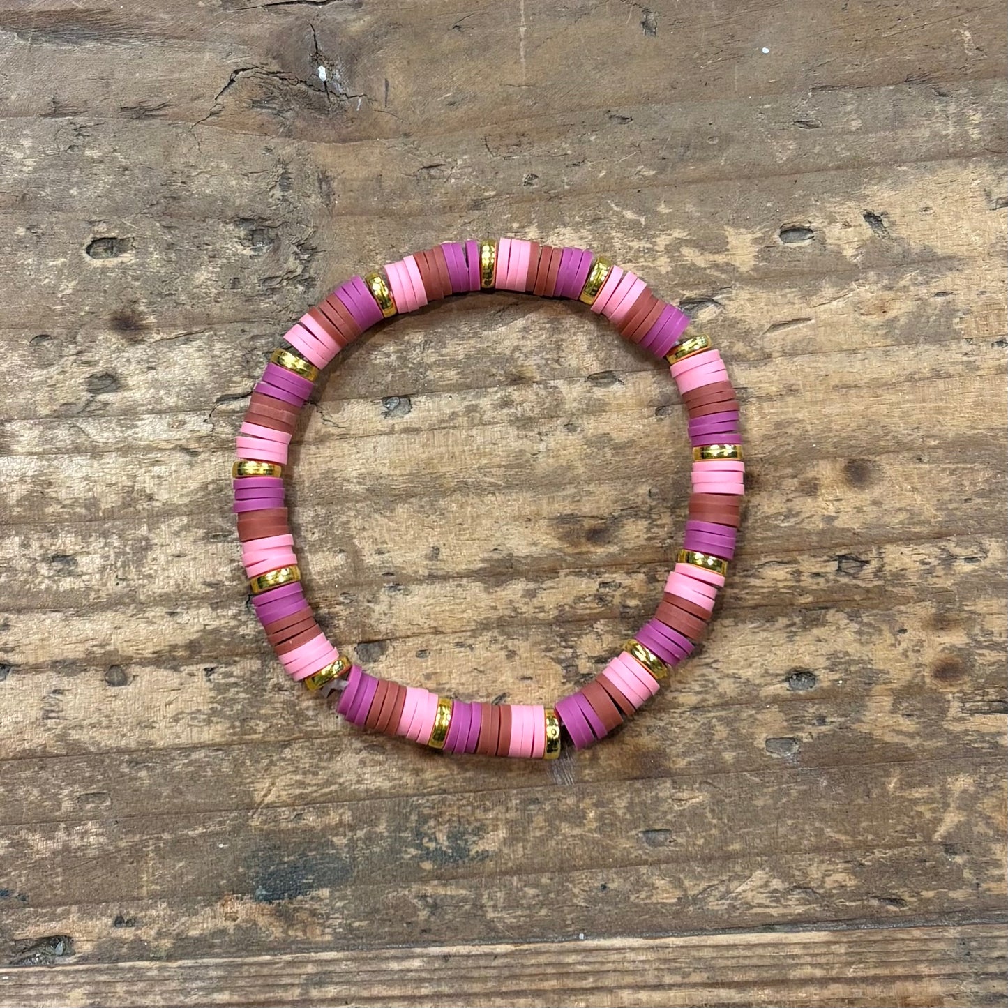 Clay Bead Bracelet - Pink, Bronze, and Dark Magenta