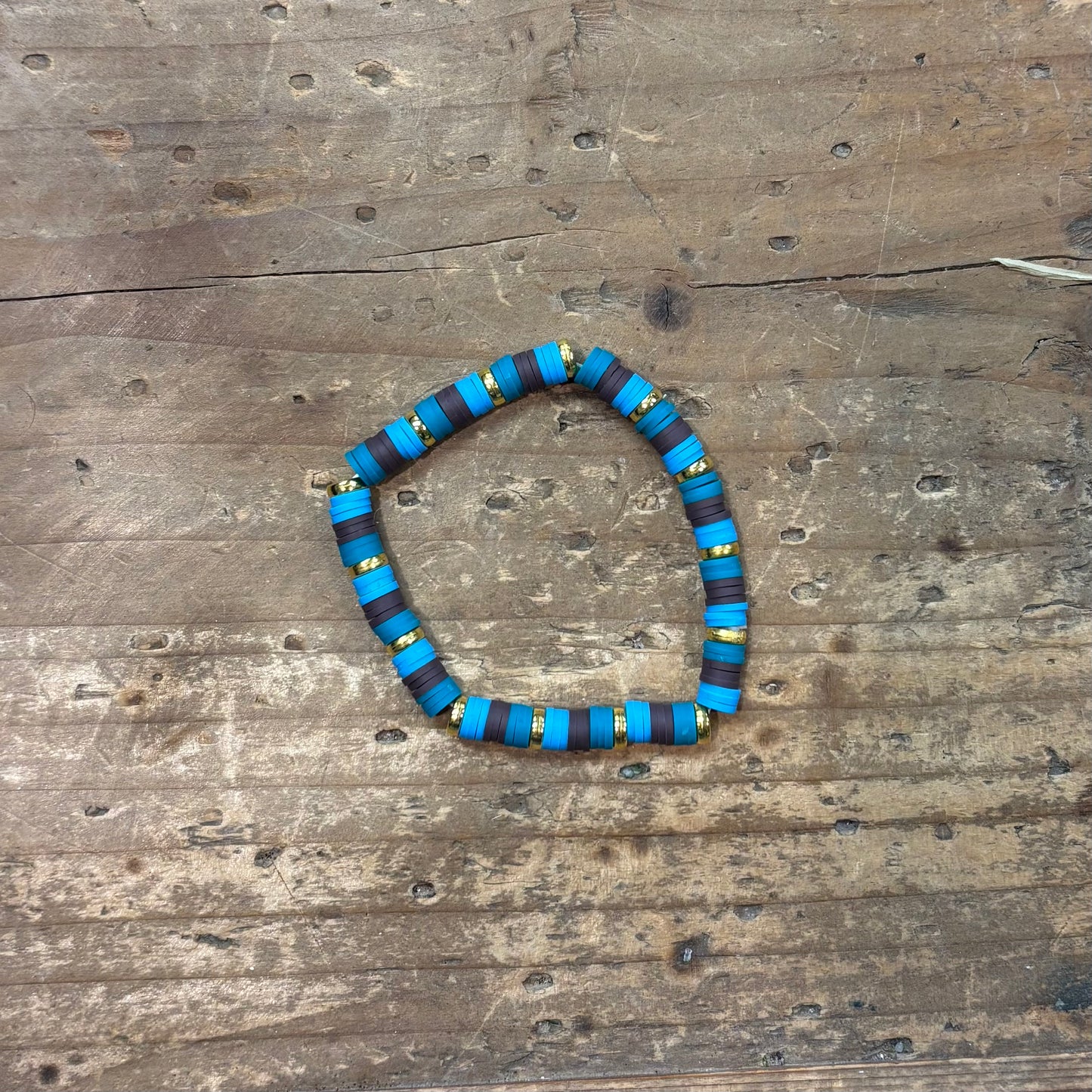 Clay Bead Bracelet - Teal, Brown, and Sky Blue