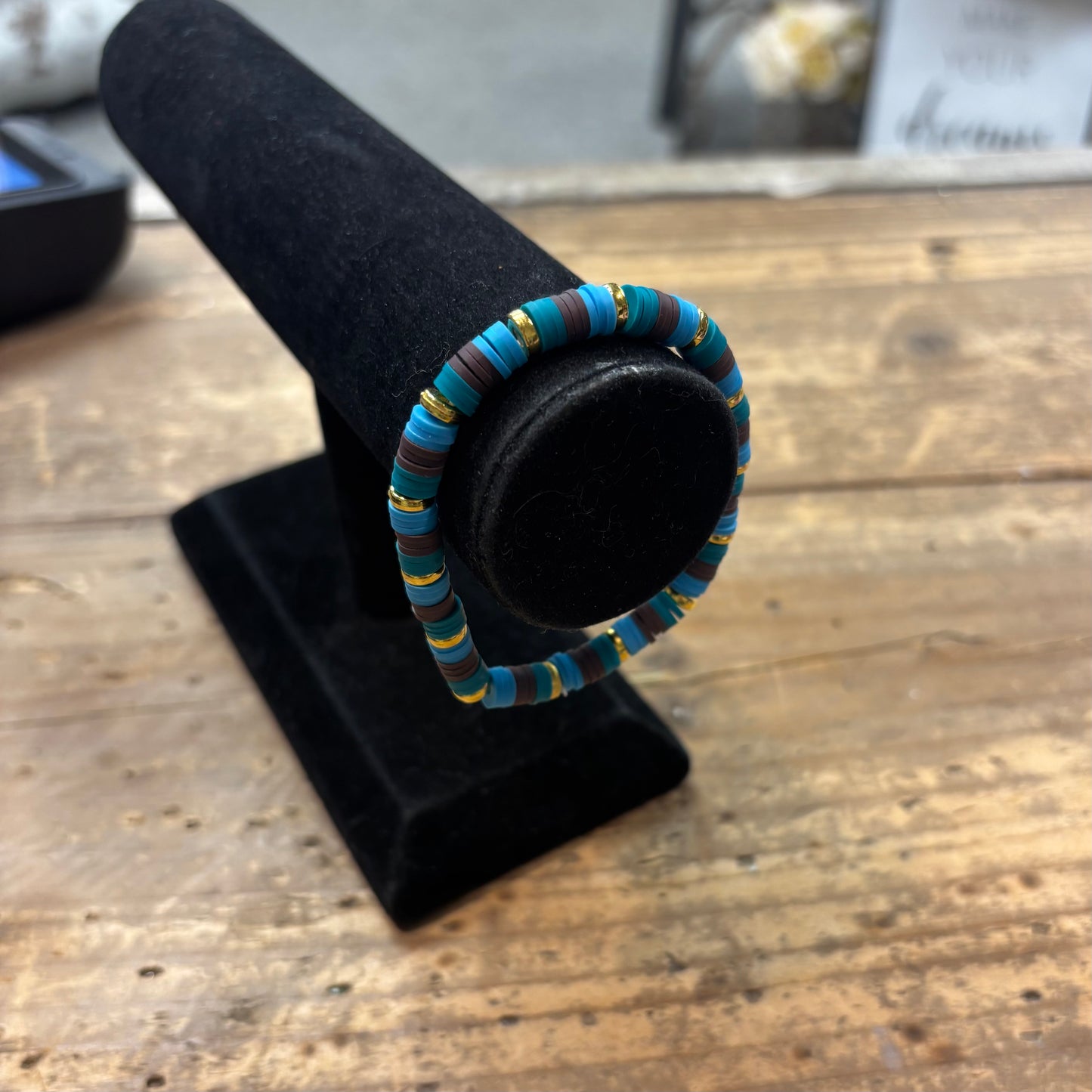 Clay Bead Bracelet - Teal, Brown, and Sky Blue
