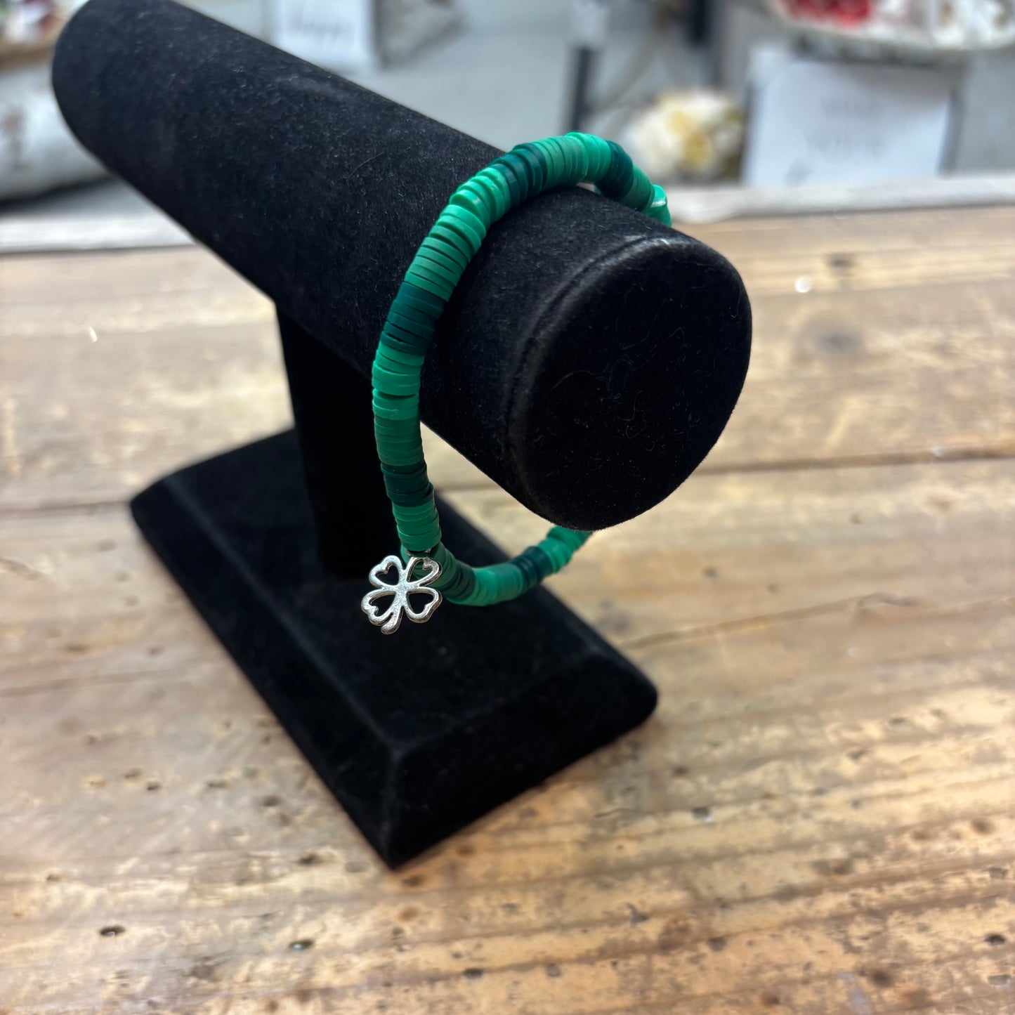 Clay Bead Bracelet with Charm - 3 Tone Green