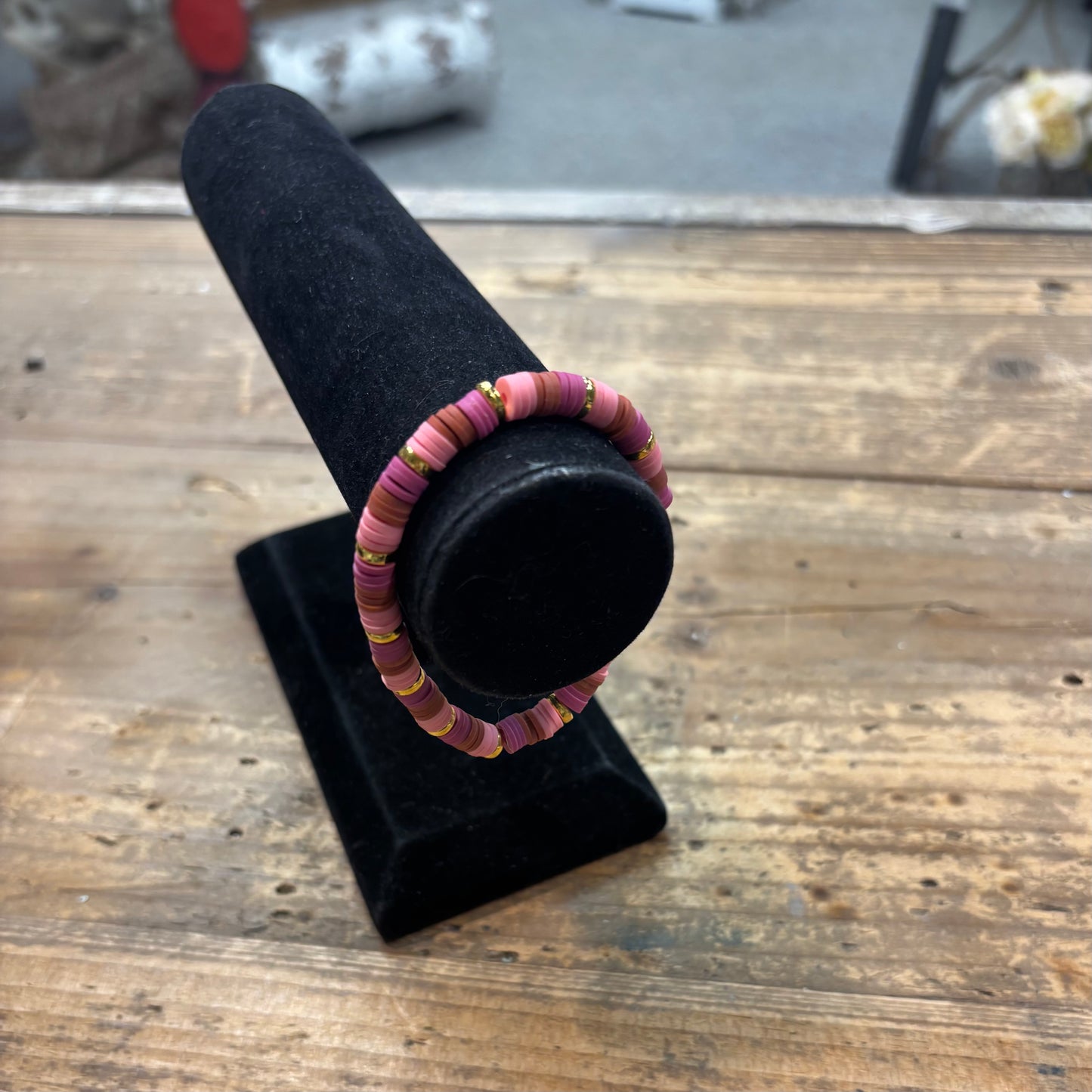 Clay Bead Bracelet - Pink, Bronze, and Dark Magenta