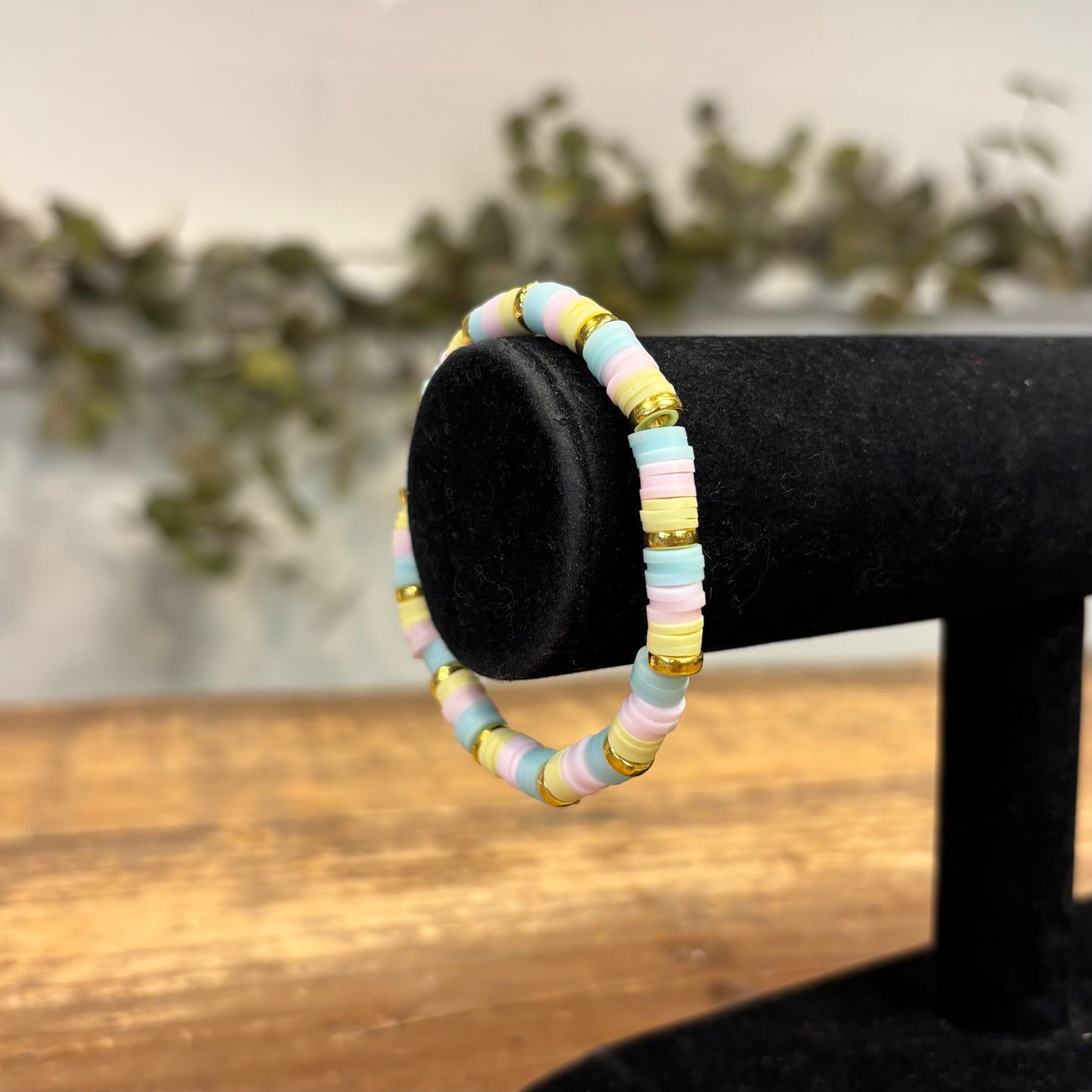 Clay Bead Bracelet - Sky Blue, Light Pink, and Light Yellow